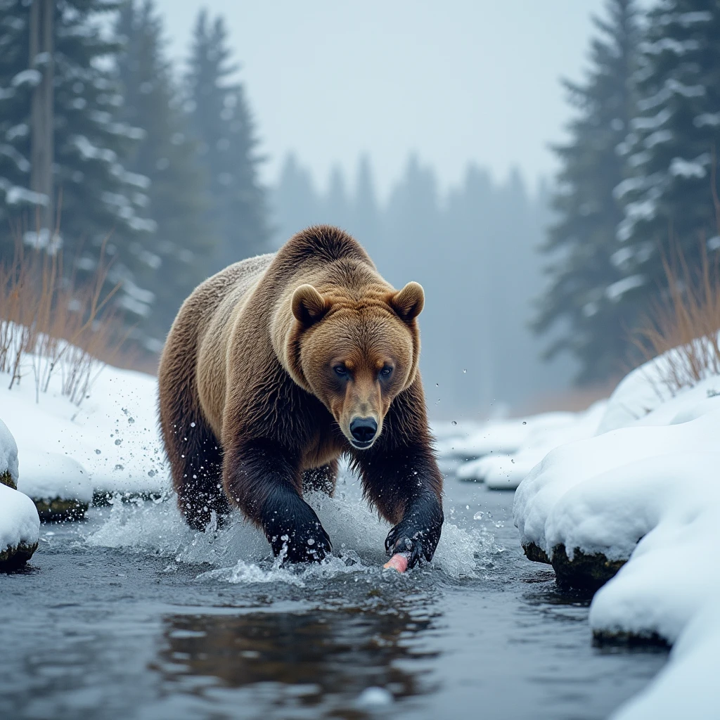 snow, river, a brown bear hunts a salmon,