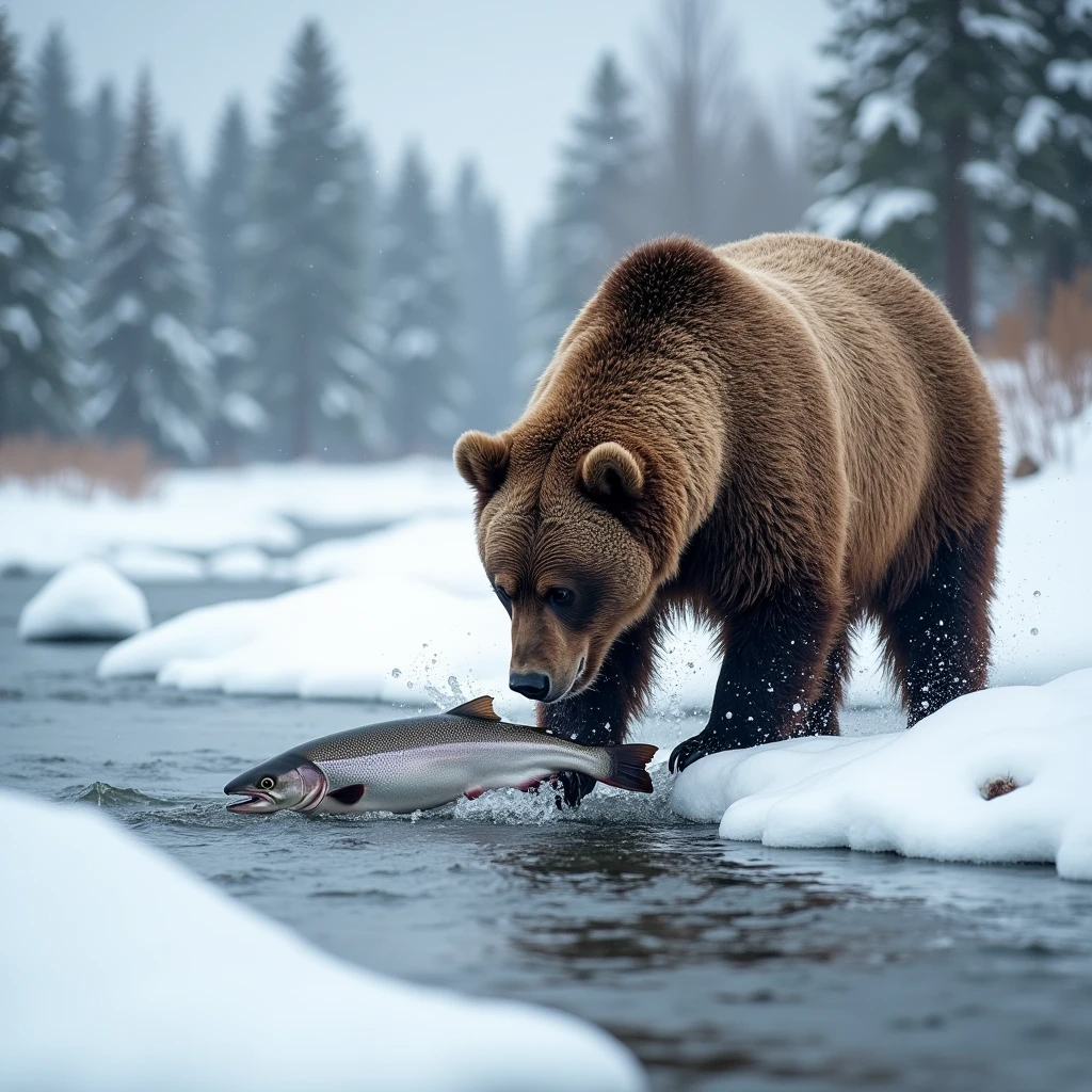 snow, river, a brown bear hunts a salmon,