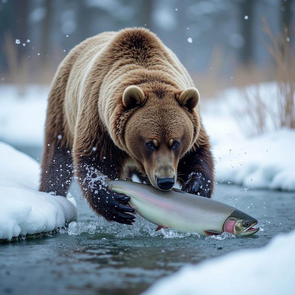 snow, river, a brown bear hunts a salmon,