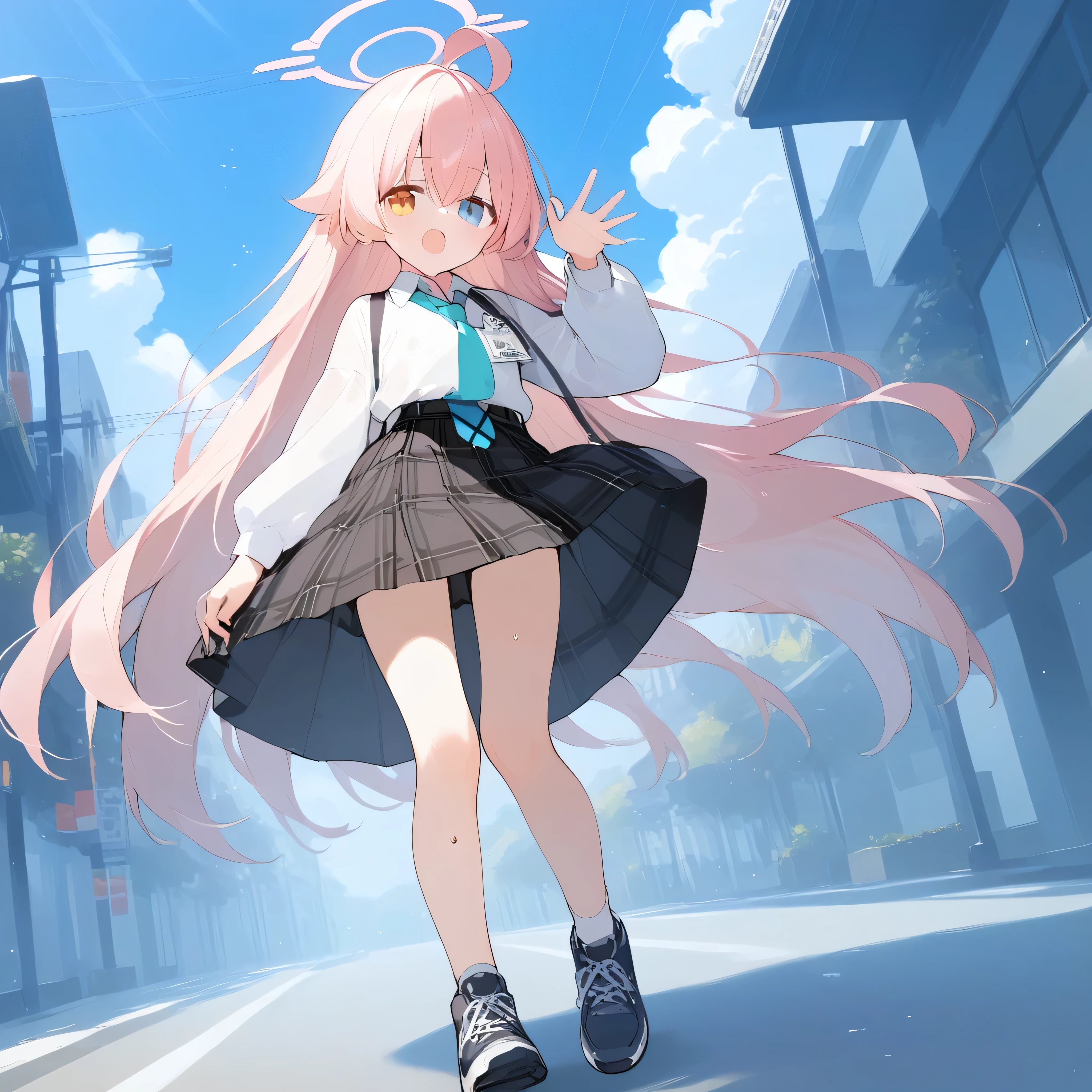 score_9, score_8_superior, score_7_superior, sauce_anime, Highest quality, masterpiece, Official Art, Absurd, High resolution, Very detailed,Wife 2x,collection: A slice of life,break,One girl, Hoshino \(Blue Archive\),Heterochromia iridis,Long Hair,Pink Hair,Ahoge,Hello,White shirt,Checked skirt,tie,sneakers,ID card,Sweat, Open your mouth, (yawn:0.3), Sleepily, Outdoor, Wind,break,(Clear Line Illustration:1.2), ssuperiorer detailed skin,非常にHigh resolution, so beautiful, Best lighting by famous artists, 8k,cute picture,Beauty Illustration,Photoshop_(Moderate),,(Detailed lighting),best anime 8k konachan wallpaper, pixiv Contest Winner,