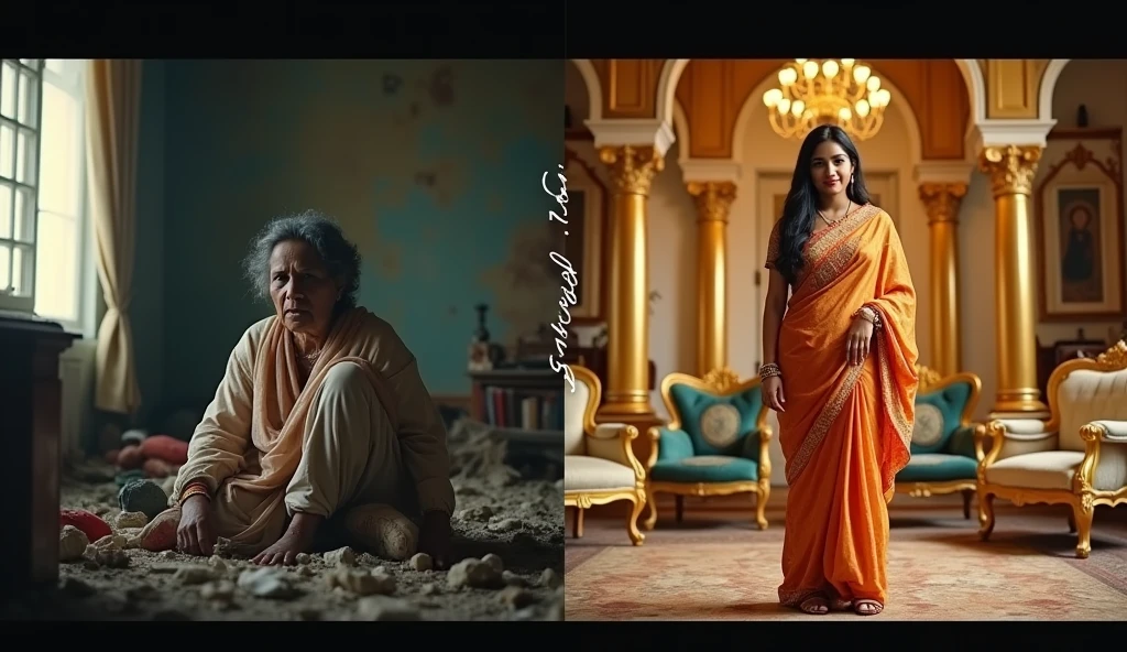 

*Image:* A split-screen image with two contrasting photos of Anju Bhi:

*Left side (Poor now):* A photo of Anju Bhi with a sad expression, wearing worn-out clothes, sitting in a dimly lit room with minimal belongings.

*Right side (Rich then):* A photo of Ajju Bhi with a happy expression, wearing luxurious clothes, standing in a grand room with expensive furniture and jewelry.

*Text overlay:*

- Bottom: "AJJU BHI's Shocking Story of Rise and Fall"

*Color scheme:* Use contrasting colors to highlight the difference between the two situations. For example, use a dull gray or blue tone for the "poor now" side and a bright, golden tone for the "rich then" side.

