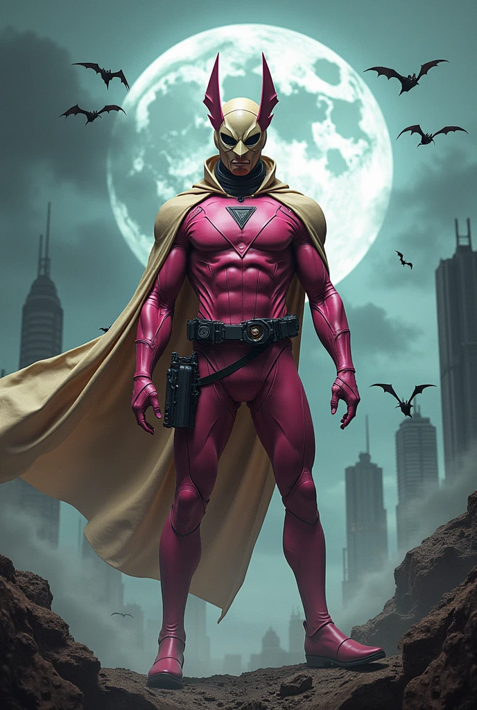 Malaysia man in high-tech suit, vivid effects, malaysian superhero (KELUANG MAN)(( in a striking pink and beige costume cyberpunk design, mask small mini bat ear beige, daredevil beige mask, ))jumpsuit dark pink stands confidently in a dramatic.jumping from high place.hero costume.one hand rise up. Big triangle logo on the chest.high detail Punisher logo on the chest. Fighting pose , stormy landscape. ((Head covered node guard like batman. Running pose , athletic body type, small mini ear bat mask))The character wears domino mask a helmet with pointed mini torn ears and a flowing cape biege, open nose and mouth. Equipped with visible futuristic weapons on a belt,bullet proof jacket pink dark day.show fingers pose, dark night, big supermoon effect . Small logo on chest triangle shape small punisher logo center(( skull triangle Casey Jones mask shape logo)) center on chest pink logo mini logo . rocky. Building top.smoke ground.((jumping from the building Man hangging on the black rope)) , bomb effect background, losse pants, losses costume.adding to --ar 3:4 --style raw --stylize 500 --v 6.1. chaos. Lot of small flying bat. One leg on the high stone. Man. Wear hologram watch.. Real man age 40 year old. One hand holding belt.one hand holding black rope hanging on building. Big pant pink. Beige cape joodie.(( Loose pant)) , jump on high building)marvel , X-Men.. rope everywhere