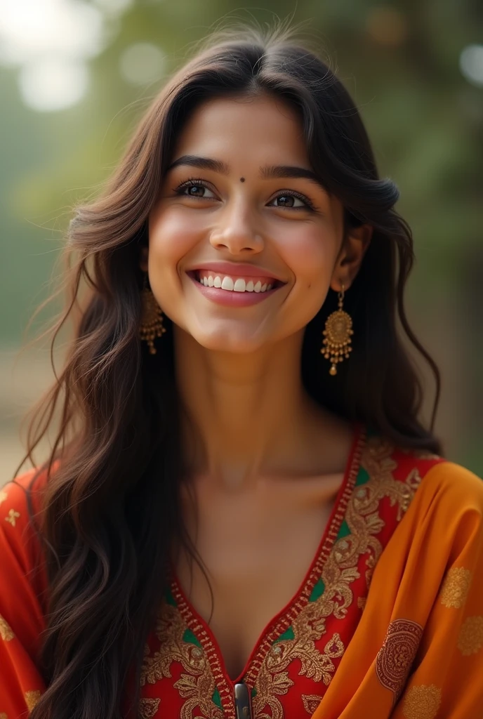 beautiful girl age 20 in panjabi dress long hair happily smiling and dreaming