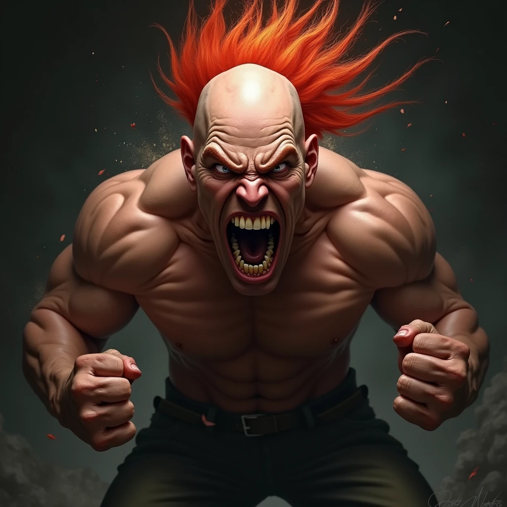 Bald man,Red head,anger,Roar