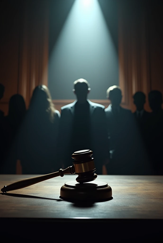 A dramatic courtroom scene with a focus on a judge's gavel, centered under a spotlight. The room is dimly lit, with dark wooden walls and shadows casting a mysterious aura. In the background, blurred silhouettes of people, representing society, stand with faces obscured, suggesting the ambiguity of right and wrong. The atmosphere is tense and serious, highlighting themes of judgment and morality.