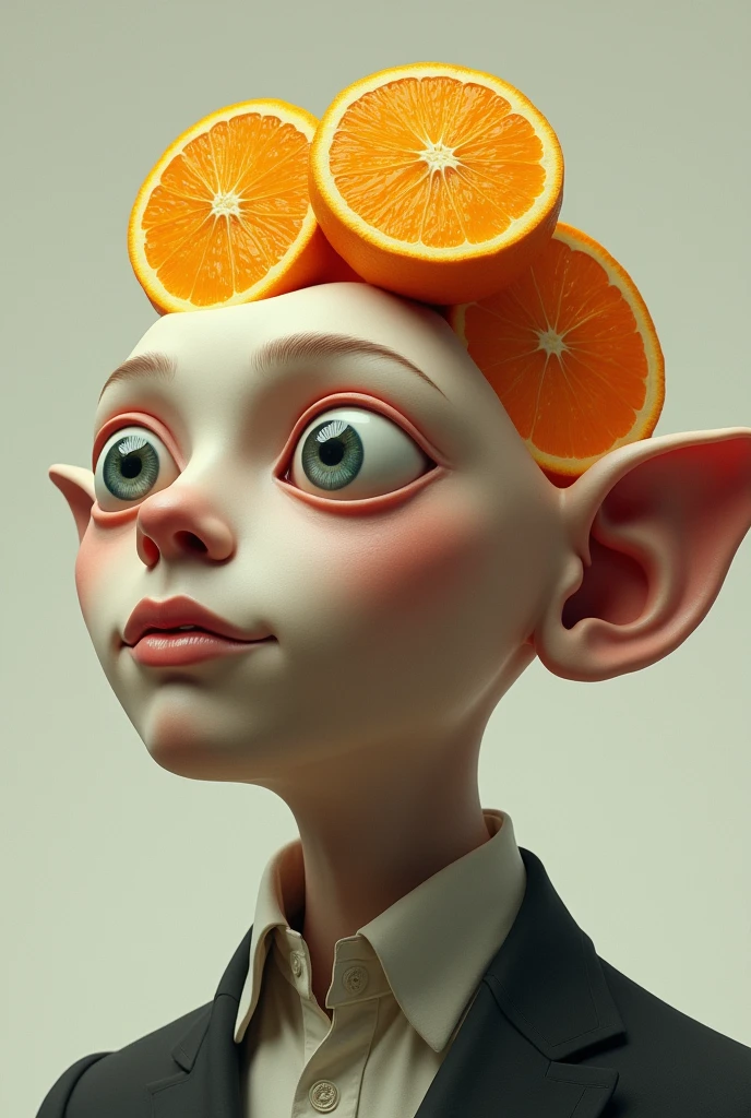 A man with 3 eyes,1 lỗ tai,brain made of smiling oranges
