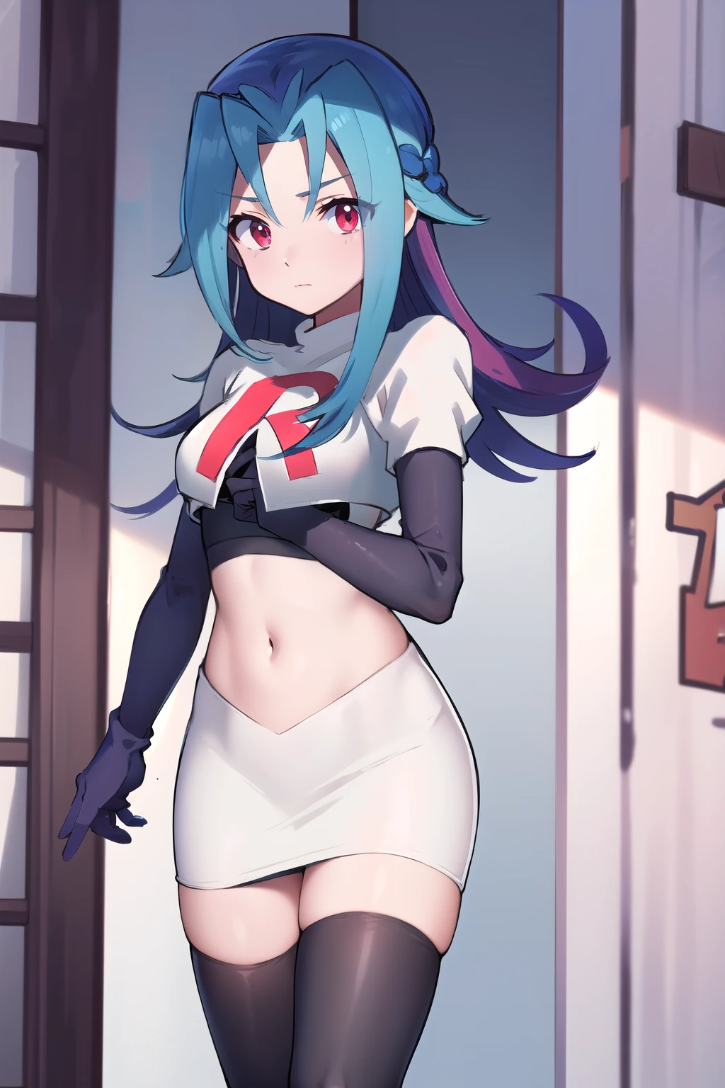 masterpiece, best quality, highres, kr1, multicolored hair, dyed bangs, team rocket,team rocket uniform,white skirt,red letter R,crop top,black thigh-highs,black elbow gloves, cowboy shot,