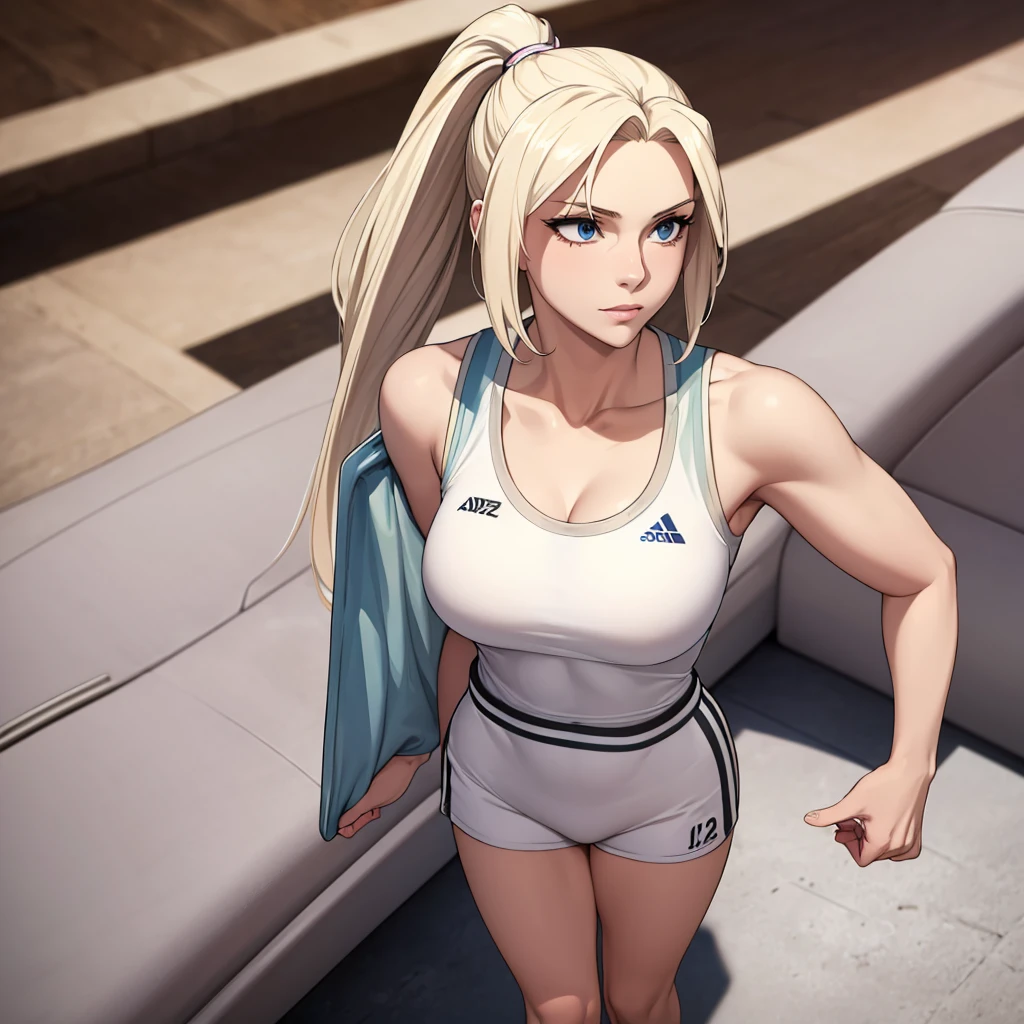 ((masterpiece:1.2, best quality)), Solitary, (Sportswear), Platinum Blonde, Long hair,  (top view, Front focus, Look straight ahead),Ponytail, Large Breasts,  