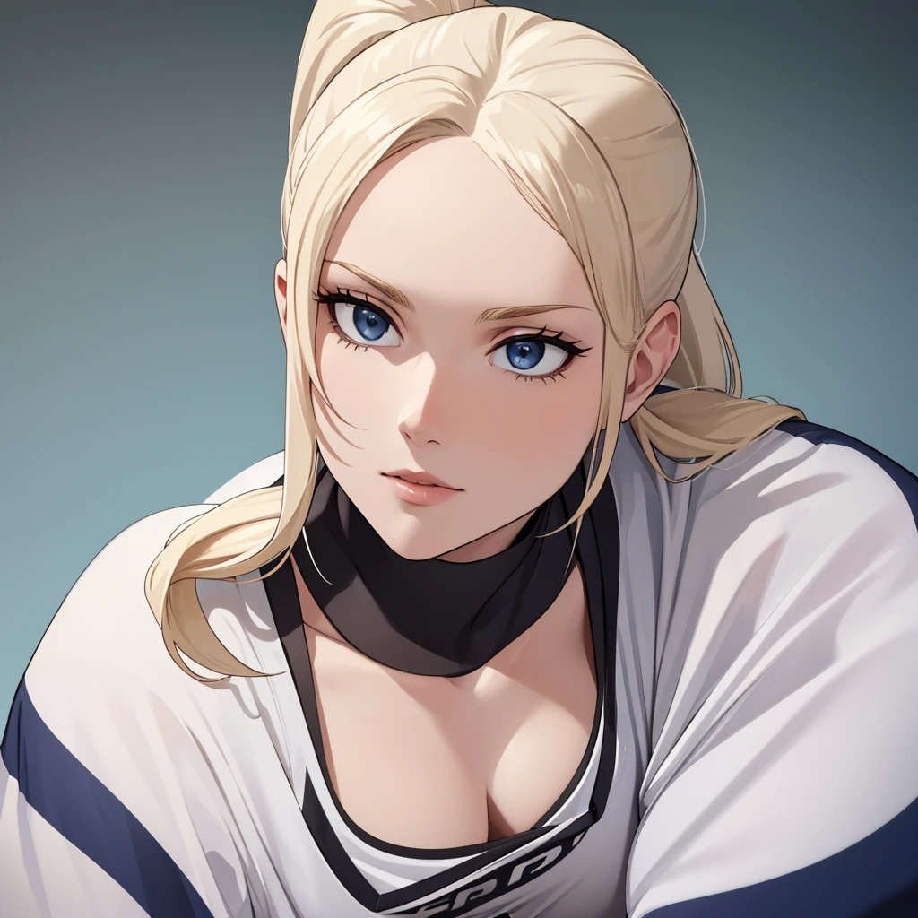 ((masterpiece:1.2, best quality)), Solitary, (Sportswear), Platinum Blonde, Long hair, (top view, Front focus, Look straight ahead),Ponytail, Large Breasts,