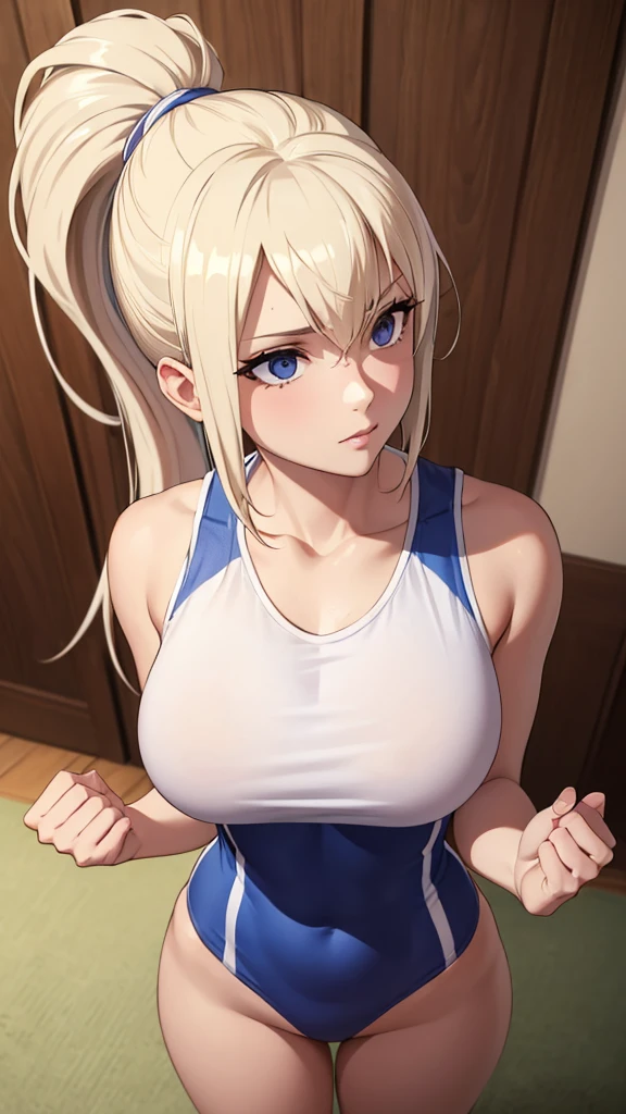 ((masterpiece:1.2, best quality)), Solitary, (Sportswear), Platinum Blonde, Long hair,  (top view, Front focus, Look straight ahead),Ponytail, Large Breasts,  