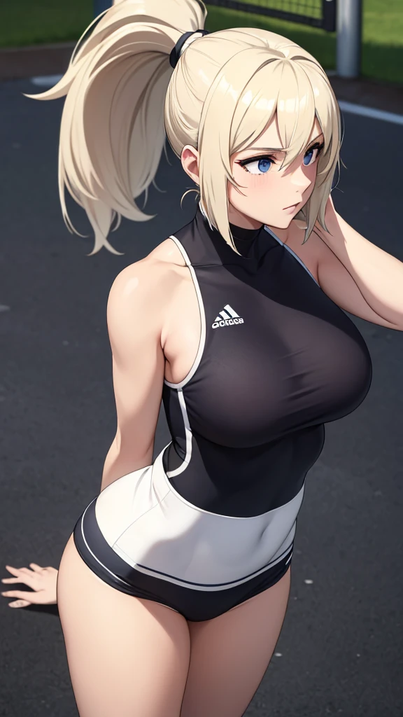 ((masterpiece:1.2, best quality)), Solitary, (Sportswear), Platinum Blonde, Long hair,  (top view, Front focus, Look straight ahead),Ponytail, Large Breasts,  