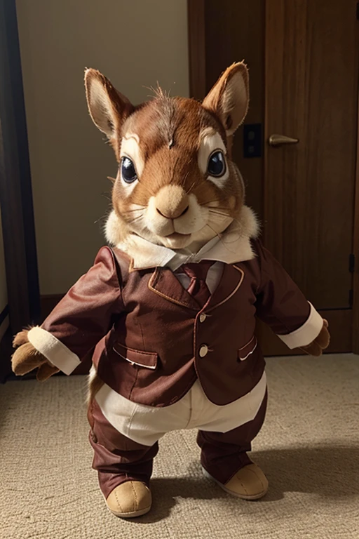 Image of an animated stuffed squirrel, dressed in a bull costume