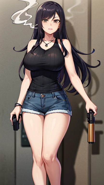 Highest quality,high resolution,２d,(Cel animation style),One woman,30 year old Asian female,(Straight long black hair),((Black tank top)),((Denim shorts)),((1 with a pistol in each hand.3)),(Skull Necklace),Black sneakers,(Beautiful face with a narrow slit 1.3)，Black wristband on left wrist,Beautiful Style,Glamorous Body,(Large Breasts),(((Holding a cigarette)))