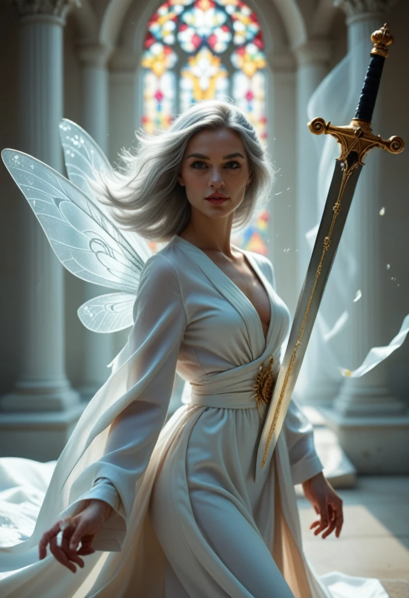A beautiful female emperor, crystal clear skin, beautiful appearance, deep wisdom in her eyes, as if she has seen through everything in the world, dressed in a gorgeous white robe, holding a long sword, dancing robes in the breeze and silver hair fluttering in the wind, the white robe perfectly outlines the graceful figure, the demeanor is gentle and idyllic, like a flawless fairy