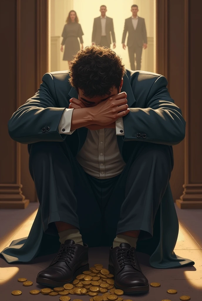 The selfish man, defeated and regretful, sits with his head in his hands as the kind friend and his daughter leave the courtroom, taking the coins with them.