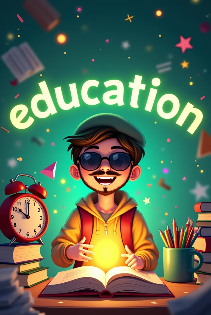 "Create a vibrant and energetic scene of different colours a student explain education. The young anime student should be beard and mustache, smiling, wearing sunglasses and a Nepali hat, while holding an open book that emits a glowing light. Surround the young anime student educational tools like a red alarm clock, geometric tools, a pen holder with pens, and a book . The background should be dynamic, with a glowing green theme and various colorful lights and stars, emphasizing a fun and engaging atmosphere. Include the words 'Student explain education' prominently in an arc around the student."