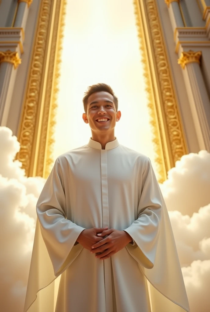 Make me a photo of an Indonesian man in his 20s wearing a Catholic white robe, with the background of 2 golden gates of heaven above the clouds, very realistic, photo taken using a Nikon camera, his face smiling looking at the camera