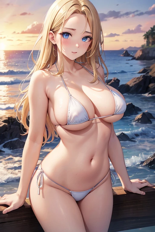 One Woman, Highest quality, masterpiece, Super Resolution, super high quality, Large Breasts, Idol, Beauty, ((From the front 1.2)), Cleavage, 8k, High resolution eyes, High-resolution contours, Stylish, High-resolution pupils, blush, High resolution face, High resolution breasts, Ultra HD, Open your mouth, Upper Body, High resolution mouth, Sexy body, ((coolな顔1.2)), ((Hanging 1.2)), Broken bangs, Blue Eyes, model, Beautiful clavicle, High resolution hair, super beautiful, Charm, Alluring, Blonde, Textured skin, Textured Breasts, Micro Bikini, Underboob, Sideboob, Beach, sunset, cool, Mature Woman, Married Woman, Mother, Adult women, Adult face, (Forehead visible 1.3),