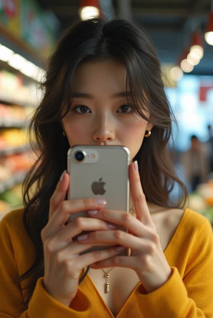 Japanese beauty takes selfie in supermarket