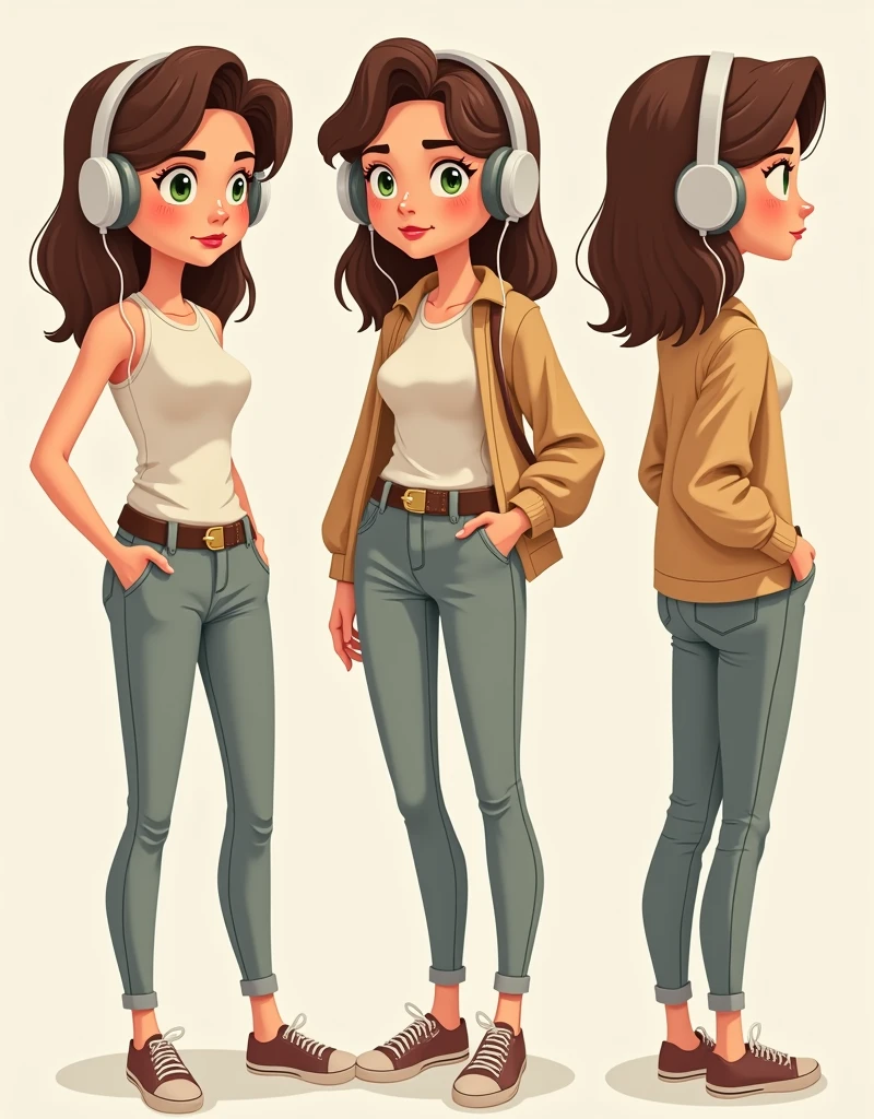 Give me a cartoon character of a woman with brown hair, green eyes and headphones, that she looks shy in full body and in different character views