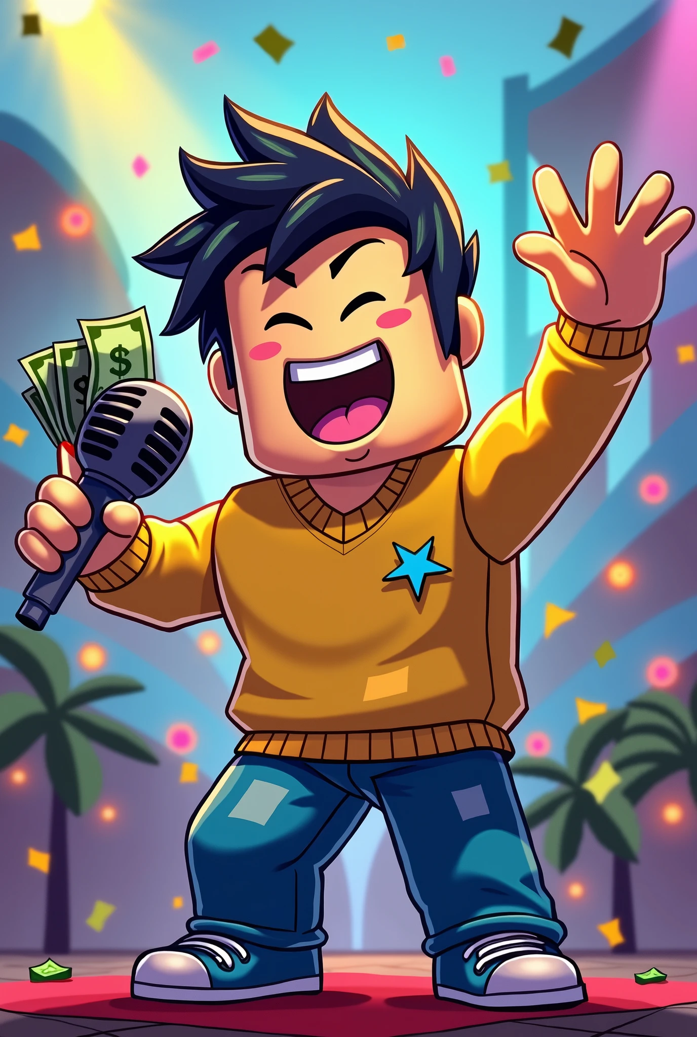 Make a roblox noob yellow with blue, holding a microphone in his hand, singing and with a wad of money in the other hand, All drawn in cartoon style and very colorful