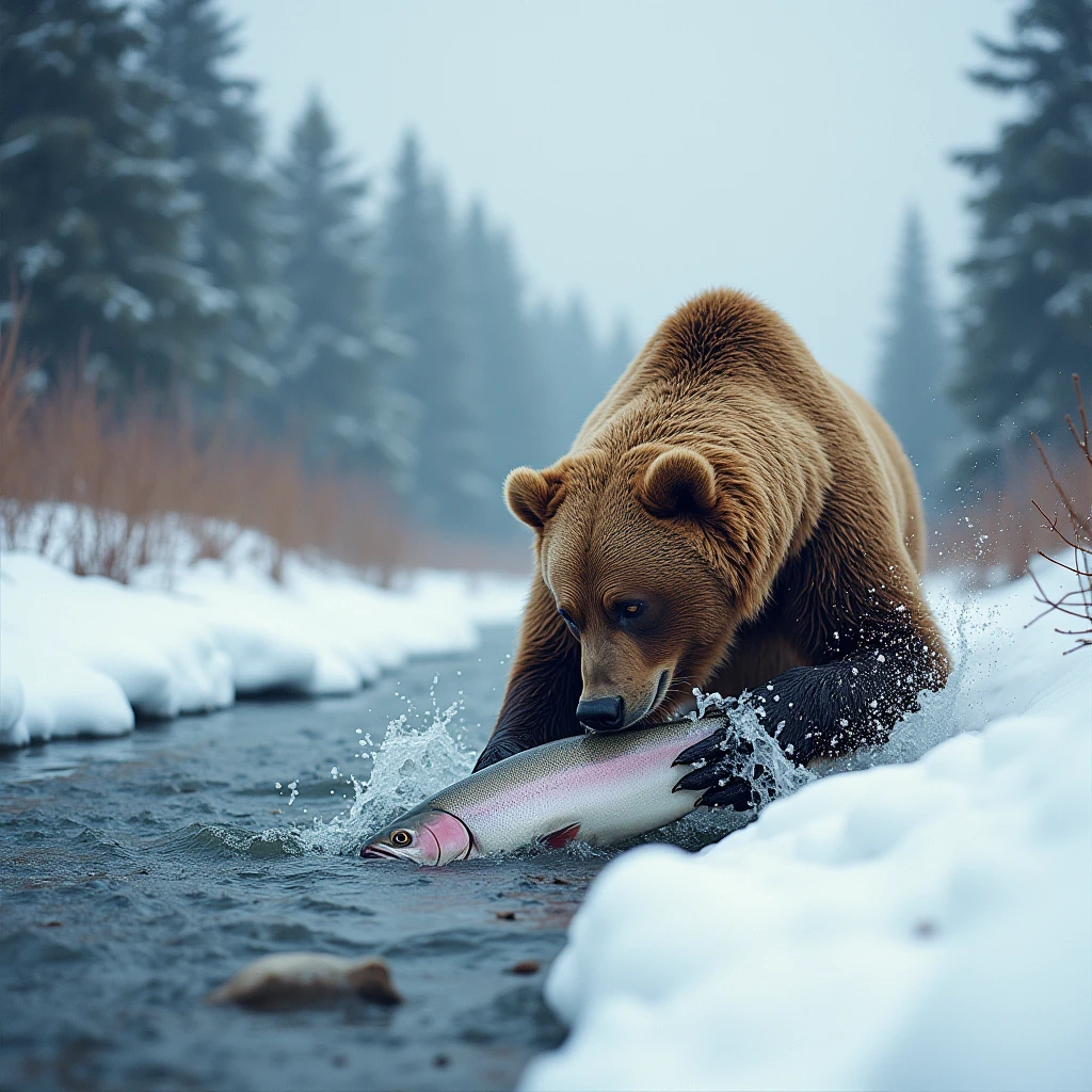 snow, river, a brown bear hunts a tired salmon,
