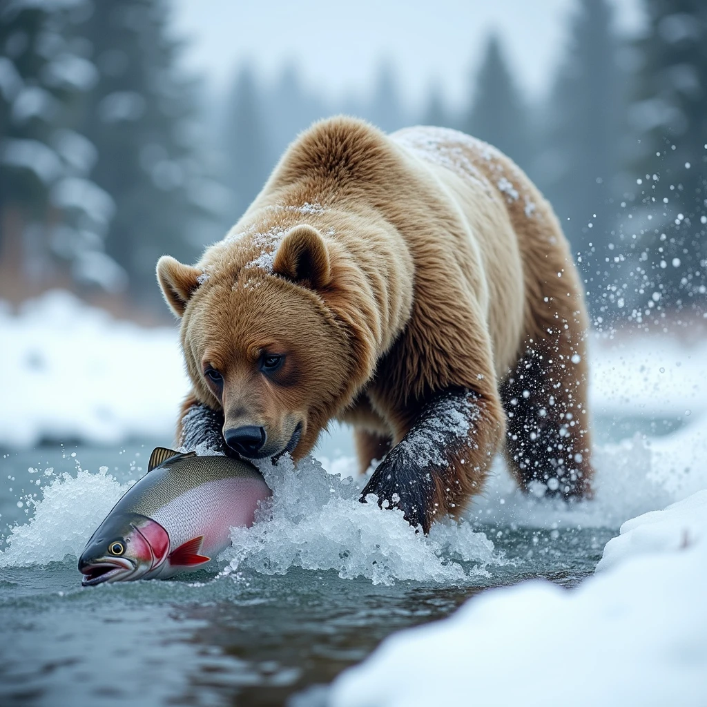 snow, river, a brown bear hunts a tired salmon,