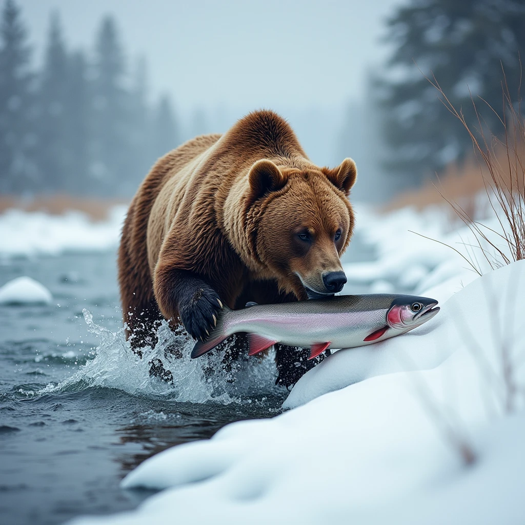 snow, river, a brown bear hunts a tired salmon,