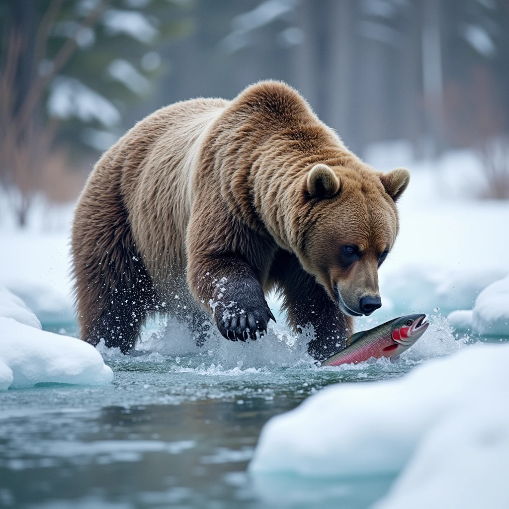 snow, river, a brown bear hunts a tired salmon,