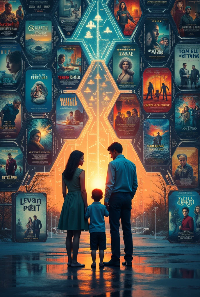 Create an poster in English and it's title is "AI : in the Sphere of Family". The back ground must be filled with the posters of the movies big hero 6, sillu karappatti, next gen, I am mother, ex machina with title and also with the cover page of the books the perfect wife, machine hood, sleeping gaints, sea of rust, Klara and the sun, heart goes last with title and it has to be aligned like a honey comb. In random sides of the poster add these points 1. Enhancing communication. 2.supporting education 3.improving health and wellness 4.emergency assistance 5.managing finance as pros and as cons: 1.communication breakdown 2.privacy and surveillance 3.shift in parental roles 4.impact on relationships 5.mental health challenges.