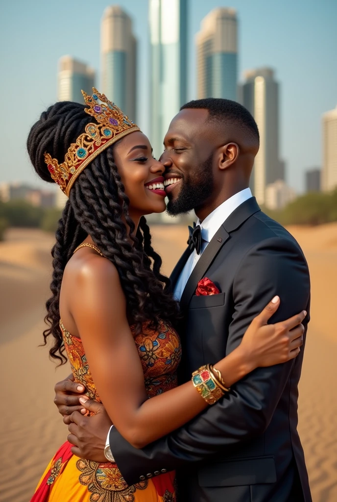 In a captivating image that reflects the beauty of cultural diversity, we see an African woman wearing a colorful traditional dress and a royal crown, warmly kissing an American man in a smart suit.. Her eyes sparkle with love and her happiness fills her face, while his face is filled with amazement and gratitude.. His arm wraps around her waist, and she gently surrounds his head.. Behind them, the boundaries of nature fade away, as the beauty of the African desert meets the gleam of skyscrapers.. The image is a celebration of love that transcends cultural barriers, and a symbol of human unity..