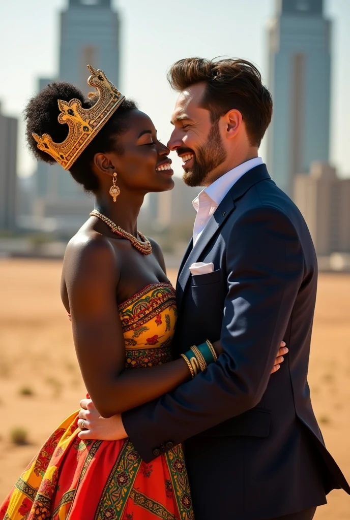 In a captivating image that reflects the beauty of cultural diversity, we see an African woman wearing a colorful traditional dress and a royal crown, warmly kissing an American man in a smart suit.. Her eyes sparkle with love and her happiness fills her face, while his face is filled with amazement and gratitude.. His arm wraps around her waist, and she gently surrounds his head.. Behind them, the boundaries of nature fade away, as the beauty of the African desert meets the gleam of skyscrapers.. The image is a celebration of love that transcends cultural barriers, and a symbol of human unity..