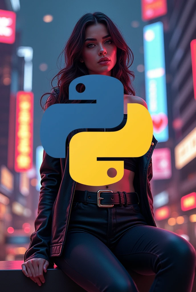 A hot women with python logo in a City 
