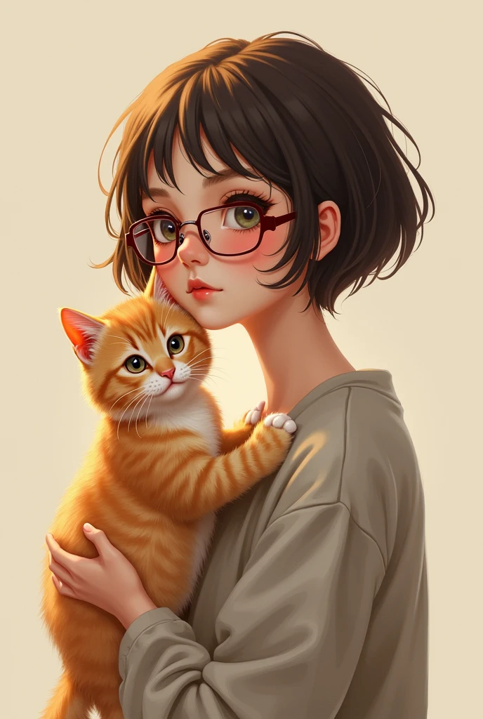 Orange Persian kitten standing on the shoulder of a teenage short-haired girl wearing glasses portrait 