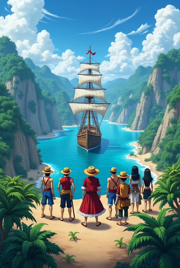 A big island with A ship watching Straw hat All members
