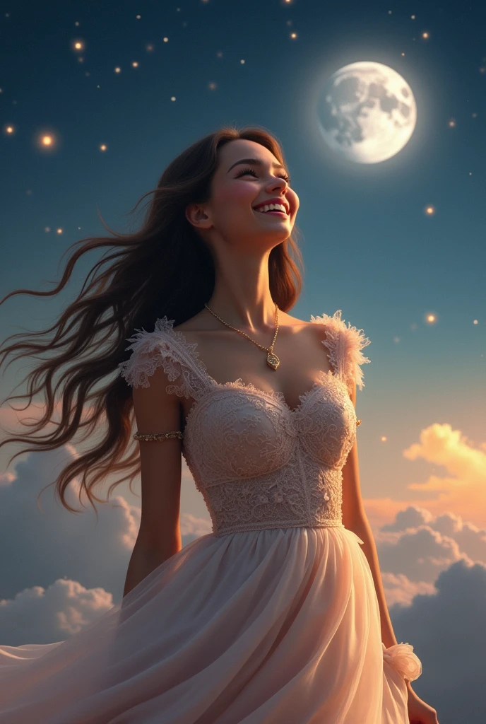beautiful girl age 20 in full dress long hair happily smiling and dreaming in night
