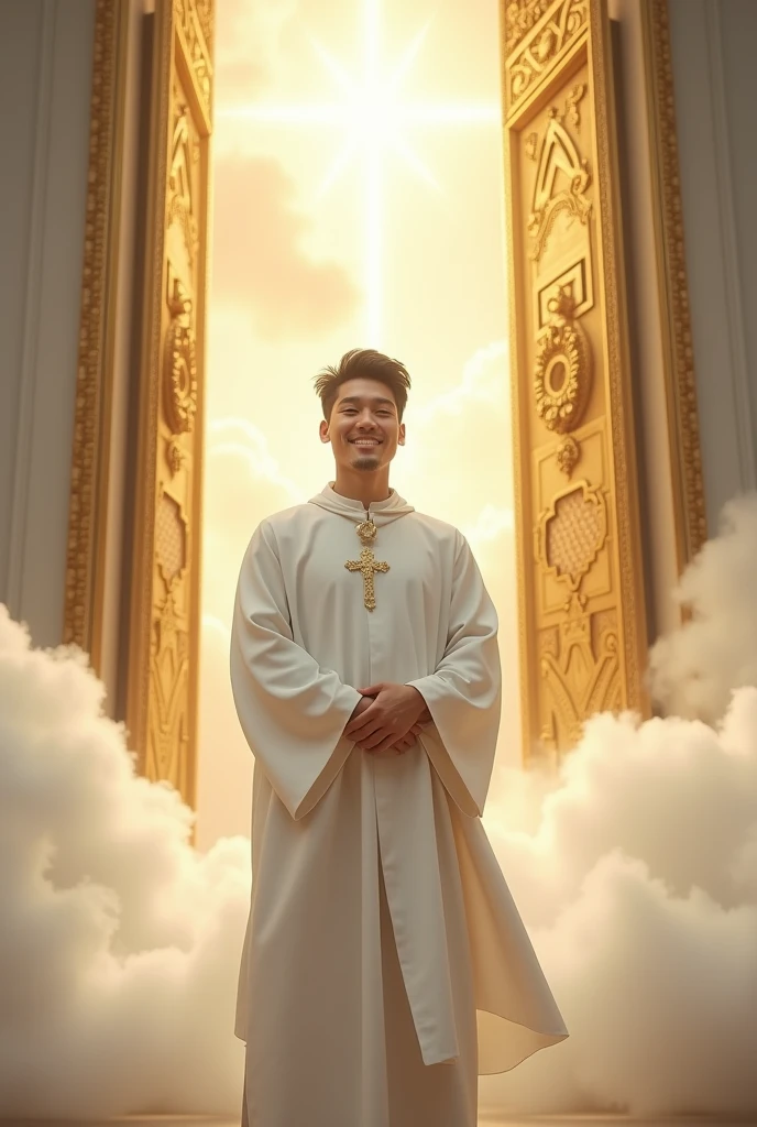 Make me a photo of an Indonesian man in his 20s wearing a Catholic white robe, with the background of 2 golden gates of heaven above the clouds, very realistic, photo taken using a Nikon camera, his face smiling looking at the camera