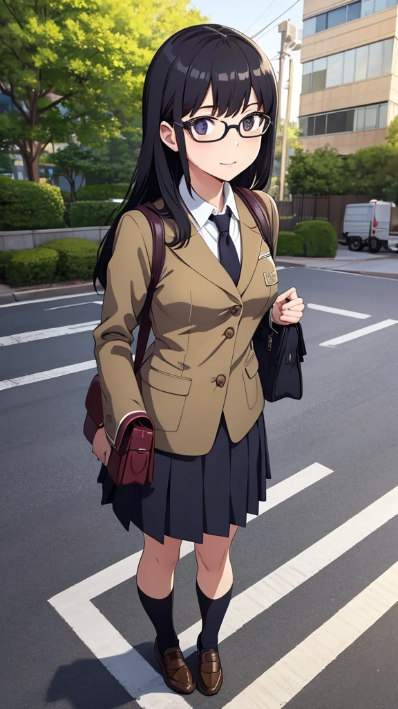 masterpiece, best quality, Extremely detailed, illustration,, (Fully equipped:1.4), 1 Girl, Glasses, Small Breasts, tie, skirt, Bag, Uniforms, Black Hair, outdoor, road, Between breasts, street, school Bag, Ground Vehicles, Community, Japan,,  