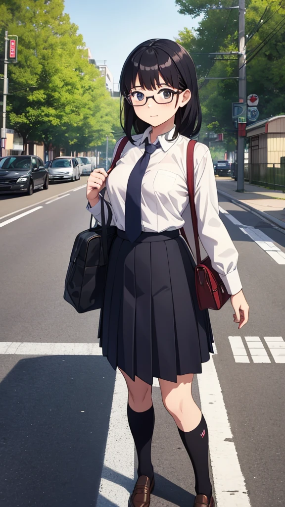 masterpiece, best quality, Extremely detailed, illustration,, (Fully equipped:1.4), 1 Girl, Glasses, Small Breasts, tie, skirt, Bag, Uniforms, Black Hair, outdoor, road, Between breasts, street, school Bag, Ground Vehicles, Community, Japan,,  