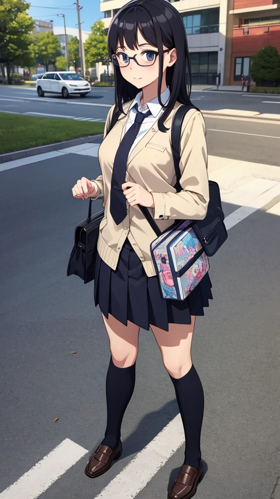 masterpiece, best quality, Extremely detailed, illustration,, (Fully equipped:1.4), 1 Girl, Glasses, Small Breasts, tie, skirt, Bag, Uniforms, Black Hair, outdoor, road, Between breasts, street, school Bag, Ground Vehicles, Community, Japan,,  