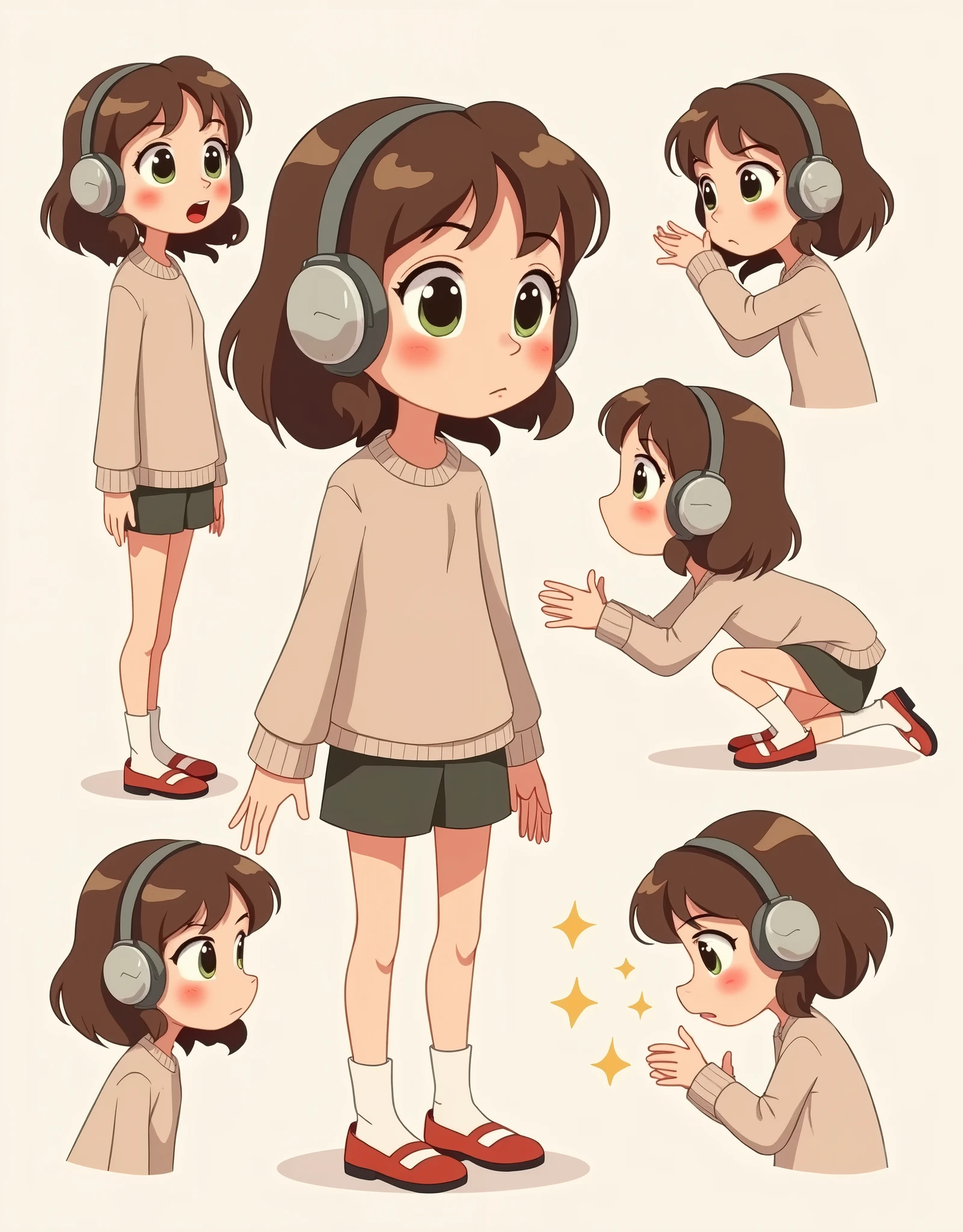 Give me a cartoon character of a woman with brown hair, green eyes and headphones, that looks shy in full body and in several views