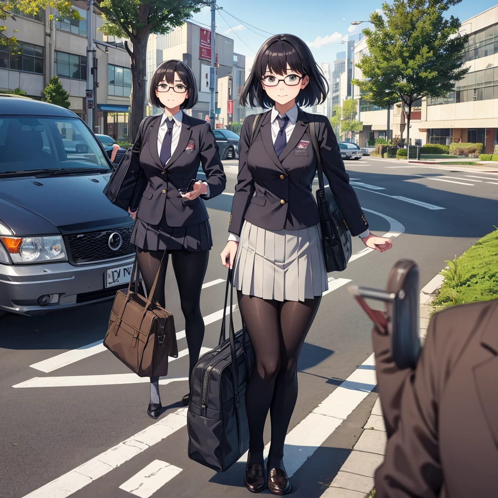 masterpiece, best quality, Extremely detailed, illustration,, (Fully equipped:1.4), 1 Girl, Glasses, Small Breasts, tie, skirt, Bag, Uniforms, Black Hair, outdoor, road, Between breasts, street, school Bag, Ground Vehicles, Community, Japan,,  