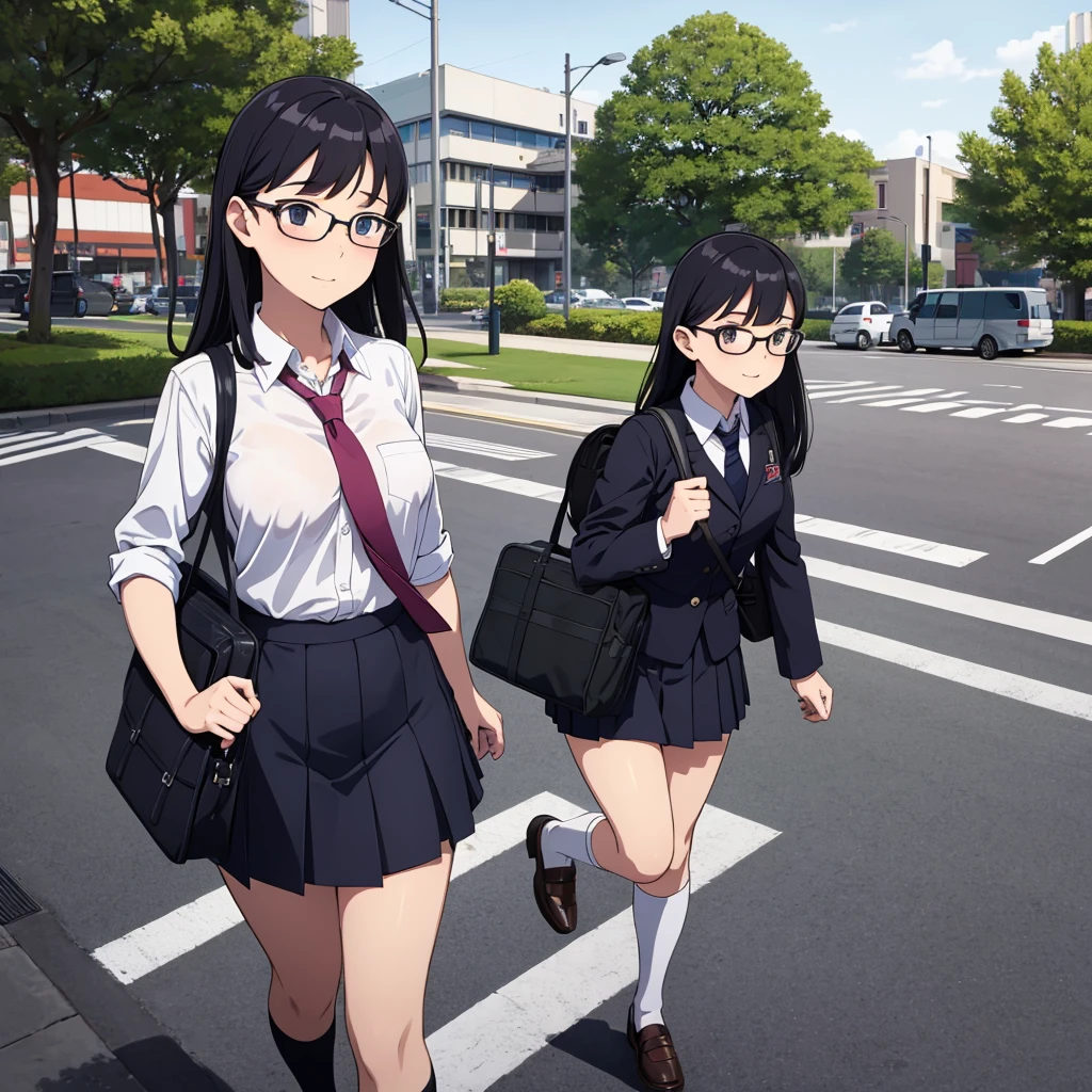 masterpiece, best quality, Extremely detailed, illustration,, (Fully equipped:1.4), 1 Girl, Glasses, Small Breasts, tie, skirt, Bag, Uniforms, Black Hair, outdoor, road, Between breasts, street, school Bag, Ground Vehicles, Community, Japan,,  