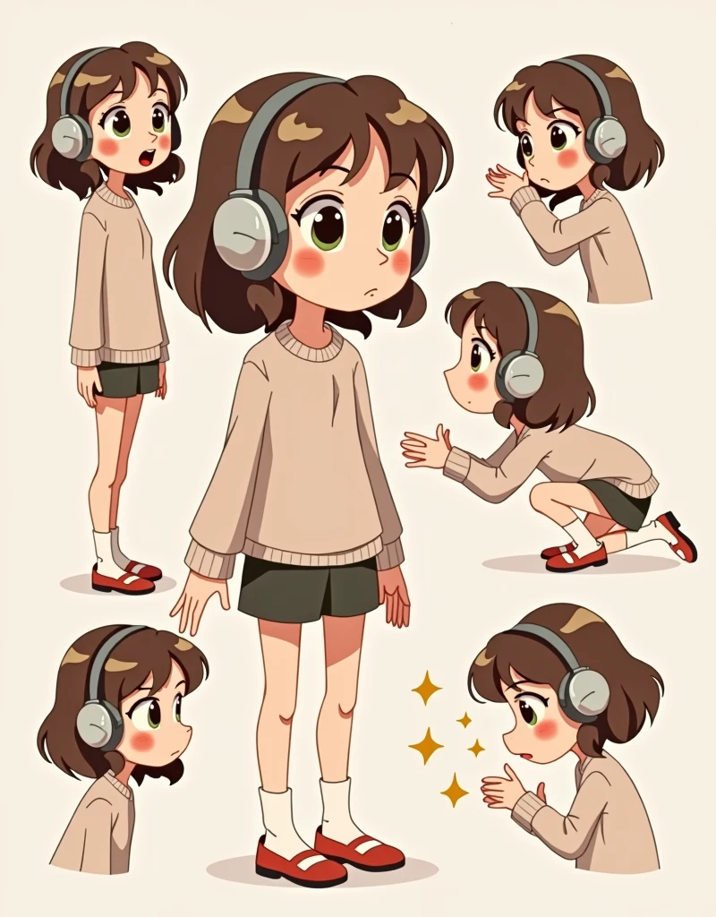 Give me a cartoon character of a woman with brown hair, green eyes and headphones, that looks shy in full body and in several views