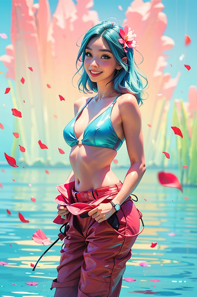 Cyberpunk woman, Side view facing the front camera, (Blush petals, Lagoon blue background:1.3), Amazing smile, looking at camera, neon light, at night, In the community
