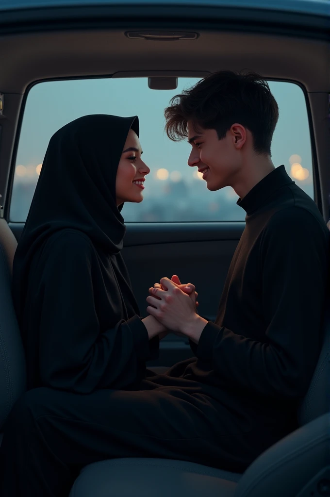  girl and a teen sitting in the car yaris both were holding their hands . The girl is wearing black abaya and the boy is wearing black dress both are enjoying in the night.
