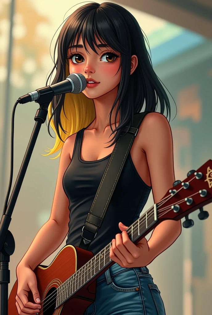 young asian, surfer style, Filipino. Straight black hair with blonde tips. Wearing a black tank top and jeans. Singing into a microphone on a stand and with a guitar in hand