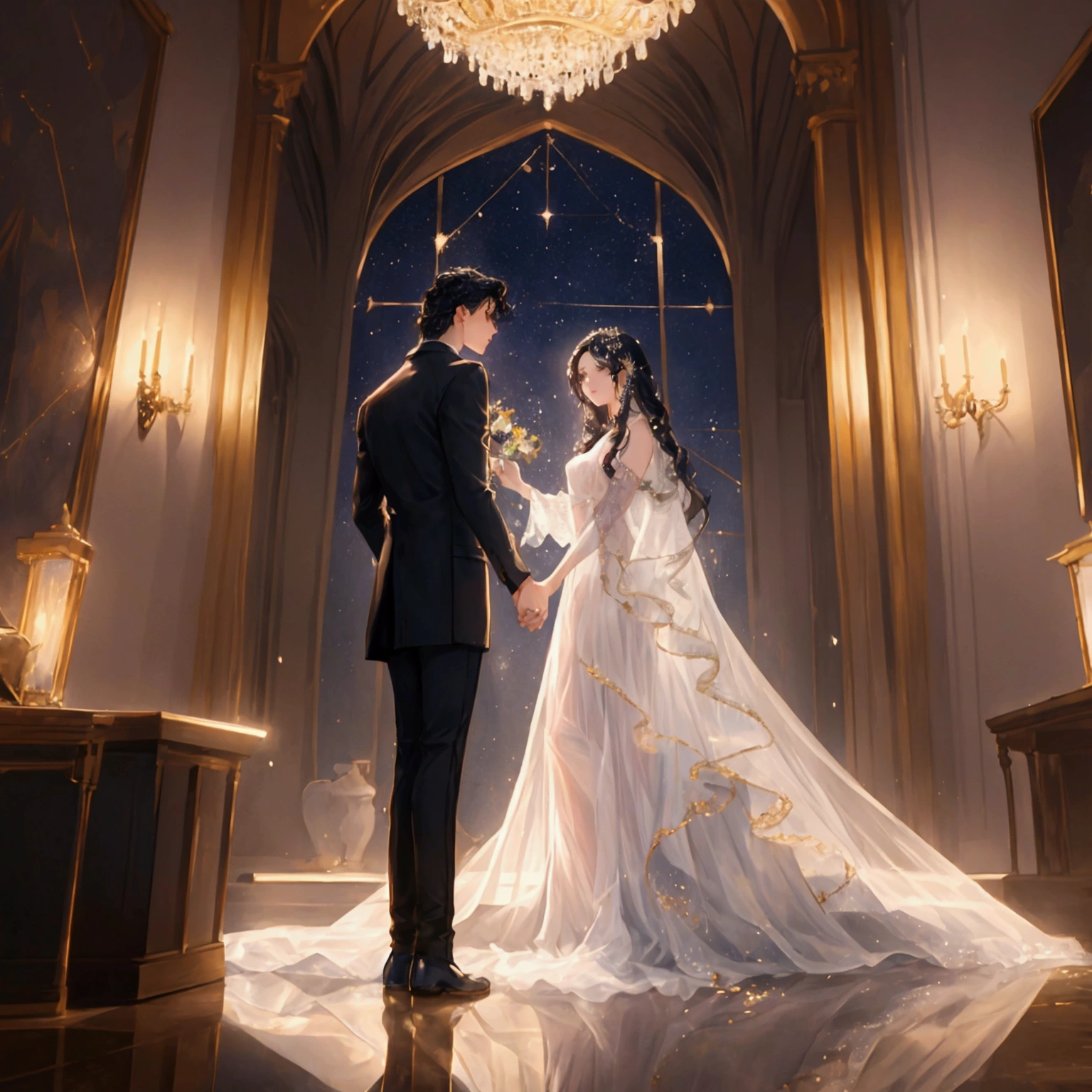 A young man and a young woman are in a grand and noble setting, with high ceilings adorned with constellations. The young woman has hair resembling crystal clear rivers and delicate, almost transparent skin. The young man, with black hair, stands close to her as she gently approaches him. The scene is filled with a sense of tenderness and emotion, set against the backdrop of a majestic and ethereal environment.