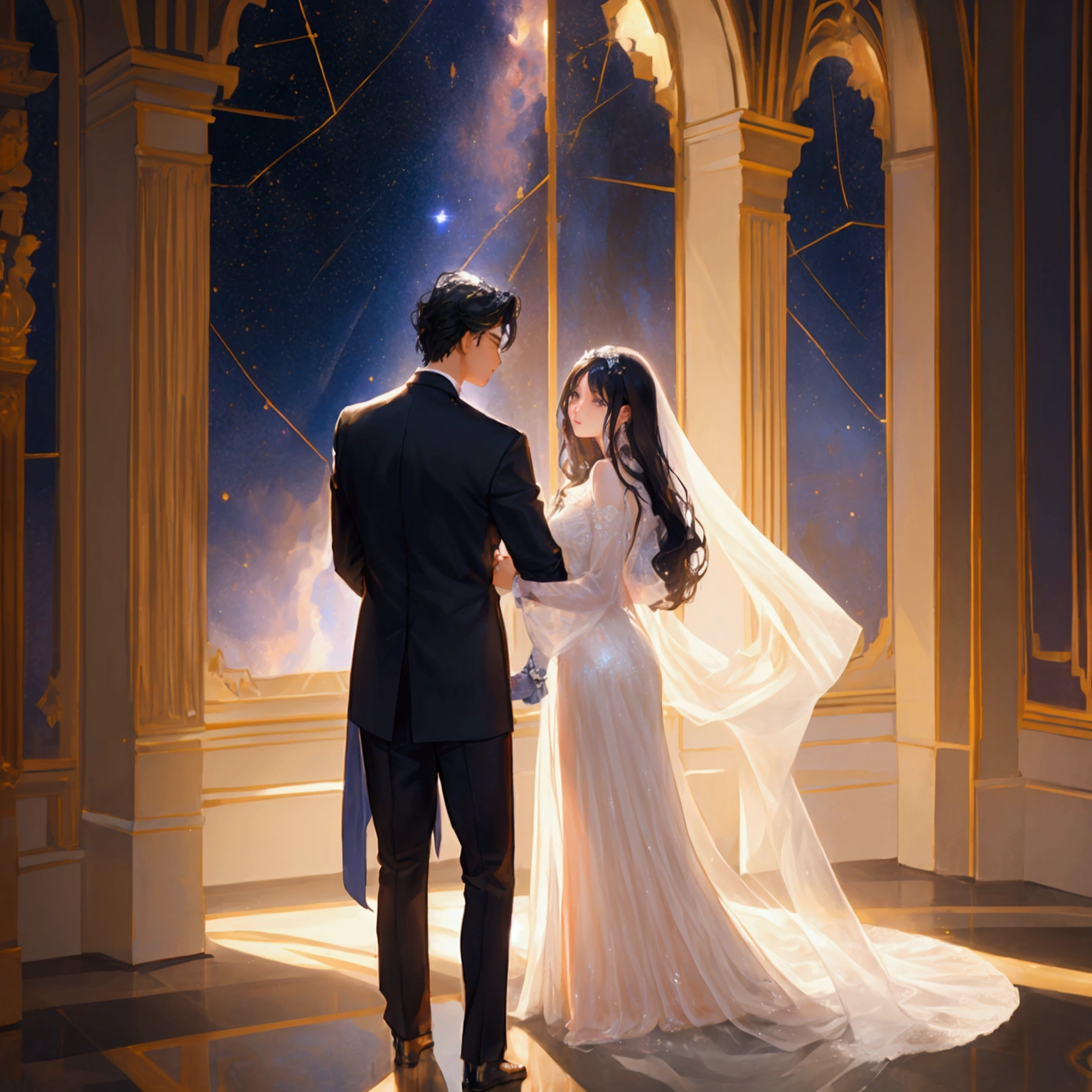 A young man and a young woman are in a grand and noble setting, with high ceilings adorned with constellations. The young woman has hair resembling crystal clear rivers and delicate, almost transparent skin. The young man, with black hair, stands close to her as she gently approaches him. The scene is filled with a sense of tenderness and emotion, set against the backdrop of a majestic and ethereal environment.