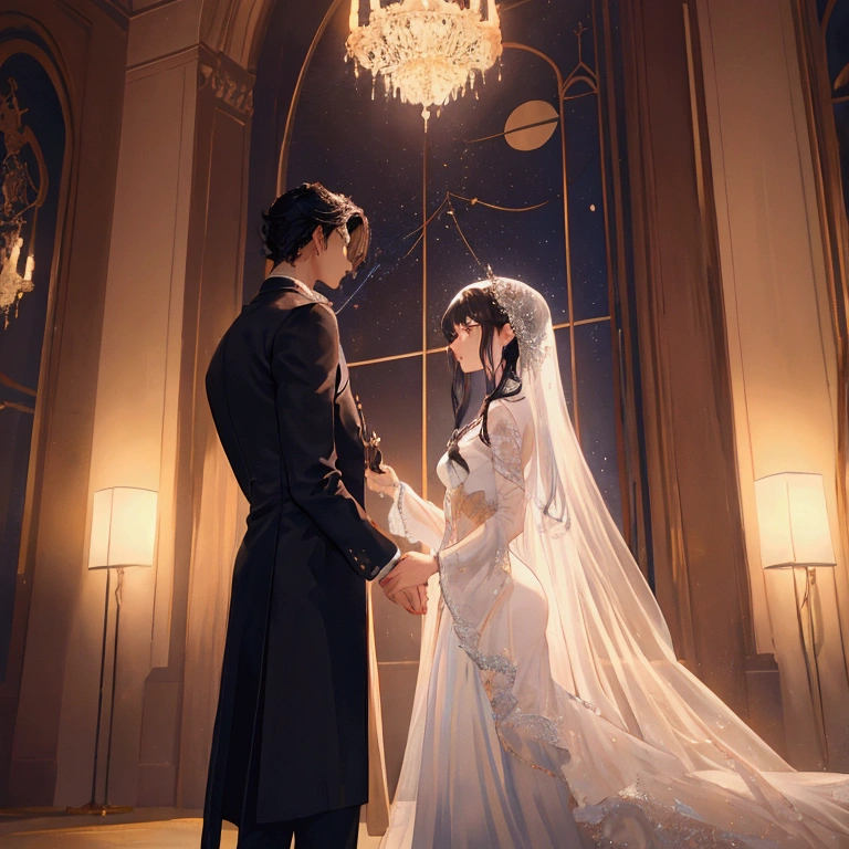 A young man and a young woman are in a grand and noble setting, with high ceilings adorned with constellations. The young woman has hair resembling crystal clear rivers and delicate, almost transparent skin. The young man, with black hair, stands close to her as she gently approaches him. The scene is filled with a sense of tenderness and emotion, set against the backdrop of a majestic and ethereal environment.